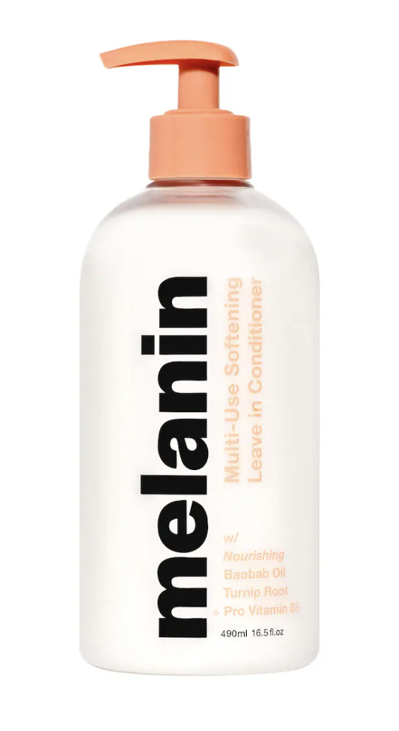 Melanin Haircare Multi-Use Softening Leave-In Conditioner in a large white bottle with an orange pump, featuring baobab oil and turnip root to hydrate and soften natural hair textures.