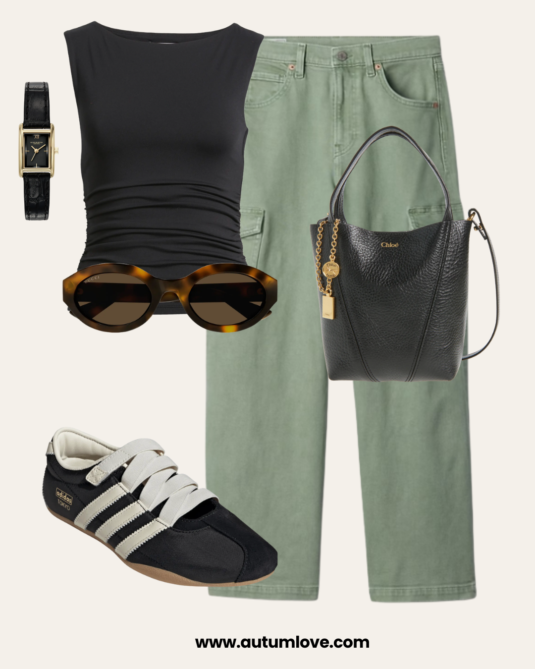 A fashion flat lay for an edgy streetwear outfit featuring black and white low-profile sneakers, olive green cargo pants, a black ruched sleeveless top, dark tortoiseshell sunglasses, a black leather handbag, and a gold rectangular watch.