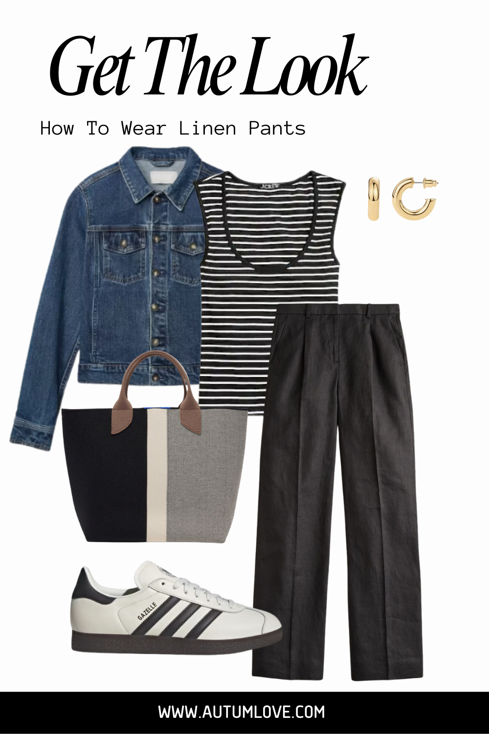 Sporty summer outfit featuring black wide-leg linen pants, a black and white striped tank top, an oversized denim jacket, and white Adidas Gazelle sneakers.