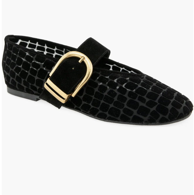 A black croc-embossed pointed-toe Mary Jane flat featuring a strap with a round gold buckle.