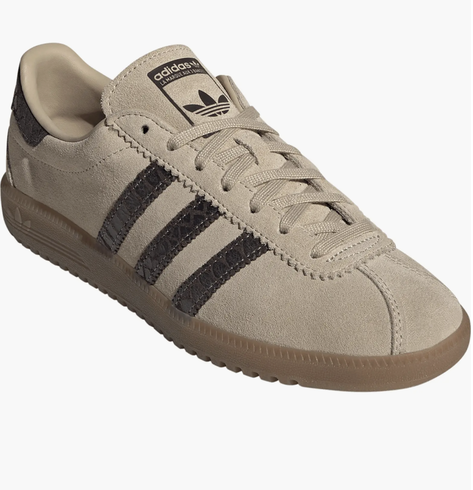 A pair of adidas BRMD sneakers in tan suede with dark brown stripes and a gum sole, displayed on a clean white background.