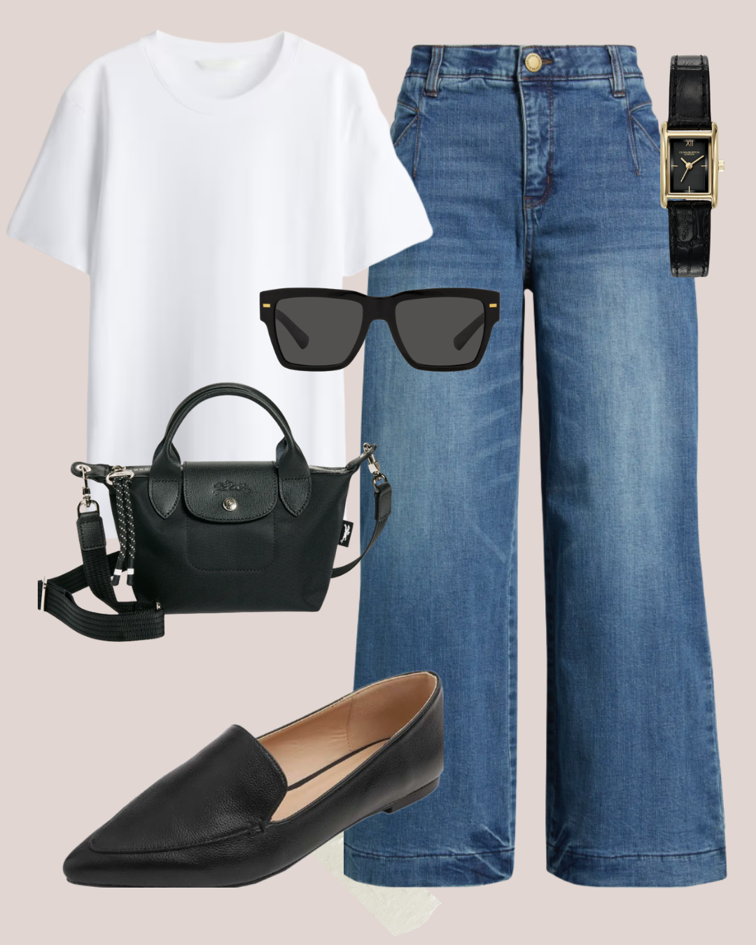 A chic everyday outfit formula featuring high-waisted straight leg jeans, a crisp white t-shirt, black pointed-toe loafers, a Longchamp Le Pliage Energy XS bag, and classic black sunglasses.