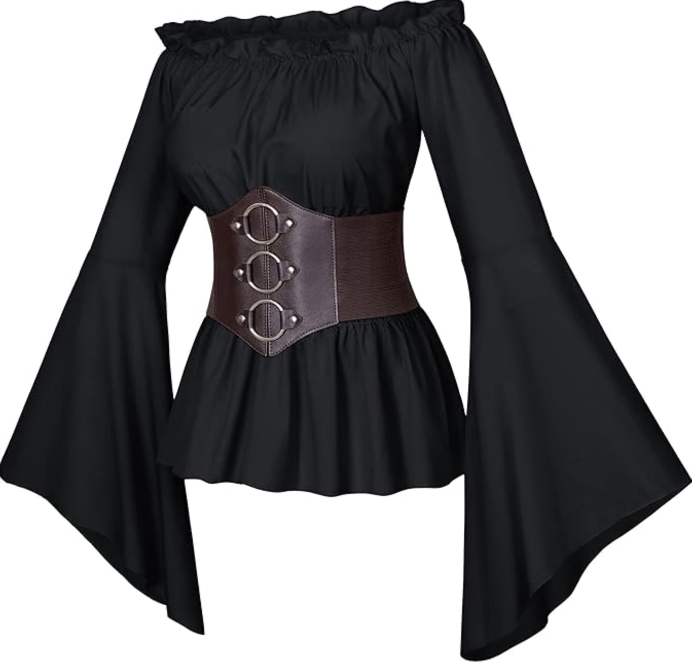 A black peasant-style blouse with a ruffled neckline, smocked waist, and dramatic bell sleeves, styled for a modern poetcore outfit.