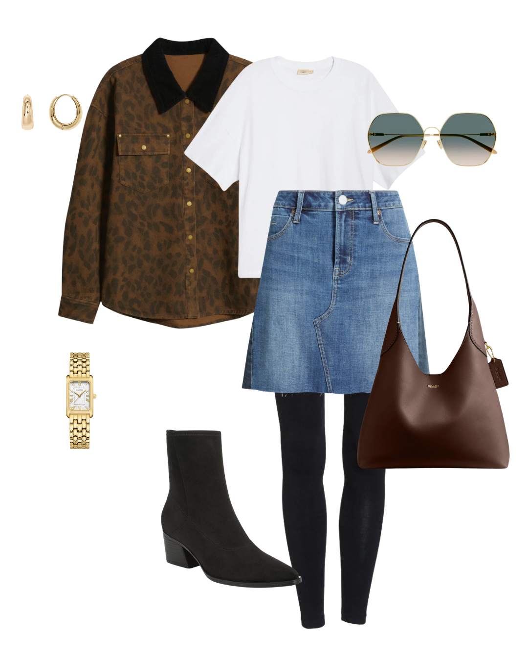 Flat lay layout featuring a denim mini skirt and black leggings paired with a white t-shirt, brown button-up jacket, black ankle boots, brown leather tote bag, gold watch, and sunglasses.