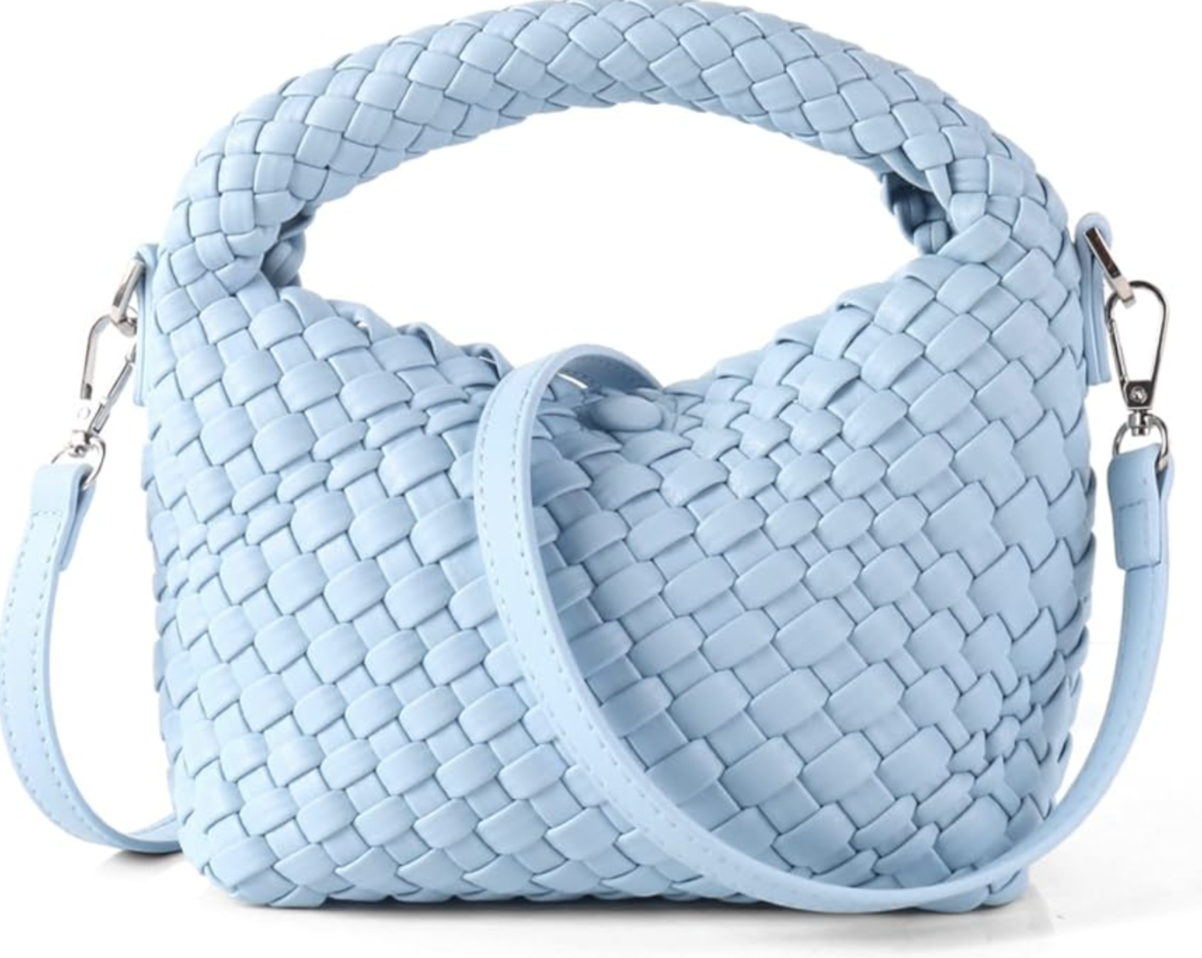 A light blue woven vegan leather crossbody bag with a curved hobo silhouette and a knot detail on the shoulder strap.