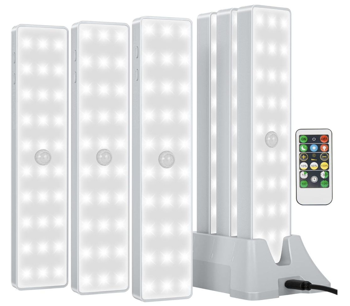 Motion-sensor light illuminating an organized cabinet