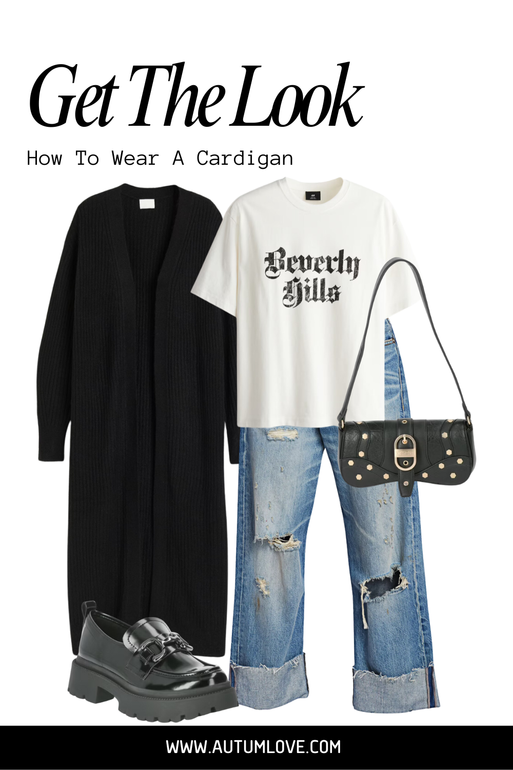 Flat lay outfit with a long black duster cardigan, distressed light-wash baggy jeans, a white "Beverly Hills" graphic tee, and chunky black platform loafers.