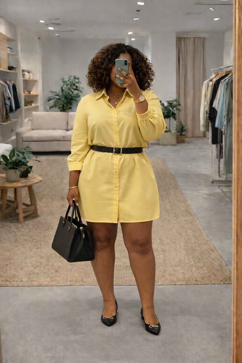 An african american woman with brown curly hair taking a mirror selfie in a bright boutique, wearing a yellow mini shirt dress with a structured collar and long sleeves. She has it styled with a thin black leather belt at the waist, a black leather b