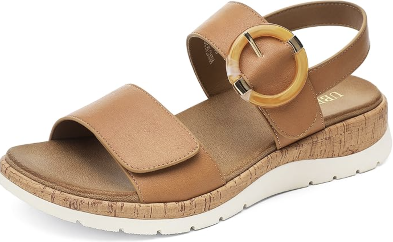 Brown leather UBFEN Flat Sandals with a thick cork-style platform, adjustable velcro straps, and a cushioned orthopedic footbed.