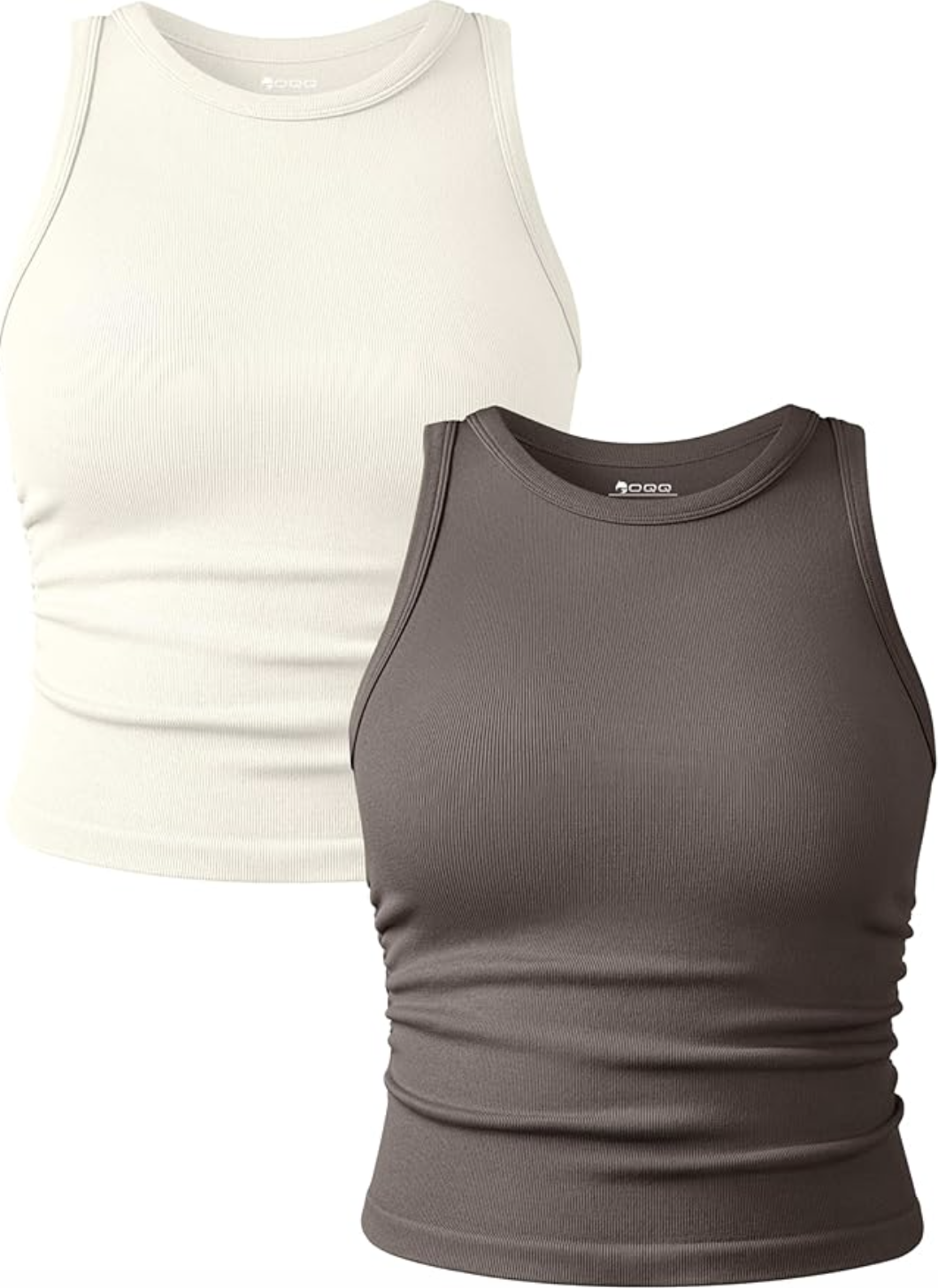 A white and a charcoal grey ribbed crop tank top with a high neckline and slim-fit silhouette shown against a white background.