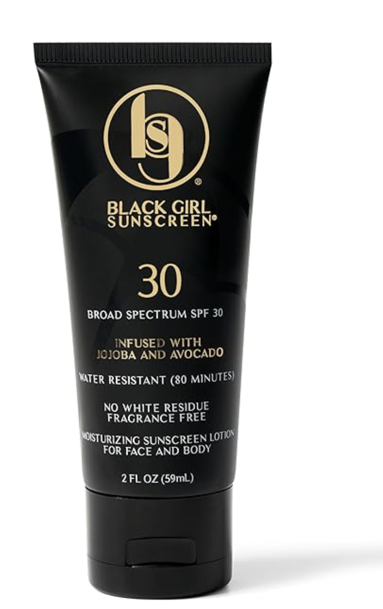 Product shot of Black Girl Sunscreen SPF 30 in a matte black tube with gold logo, featured as a moisturizing and invisible daily sunscreen for all skin tones.
