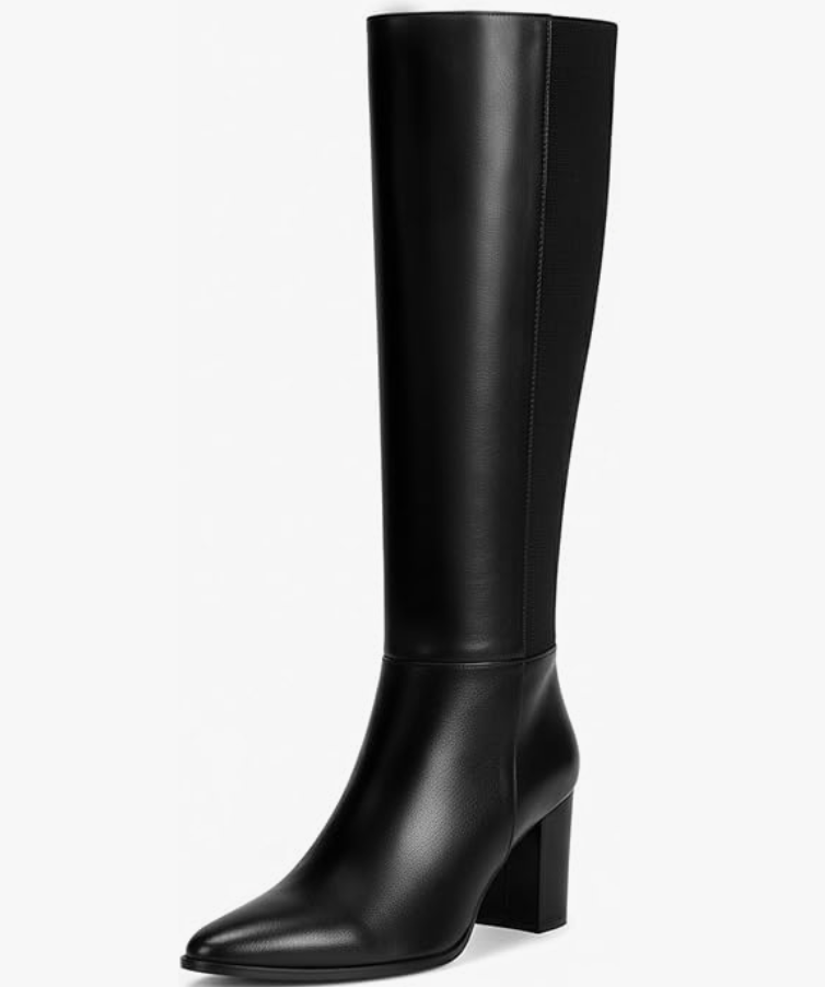 A pair of sleek black Pointed Toe Knee High Boots with a block heel, perfect for layering with a bodycon dress.