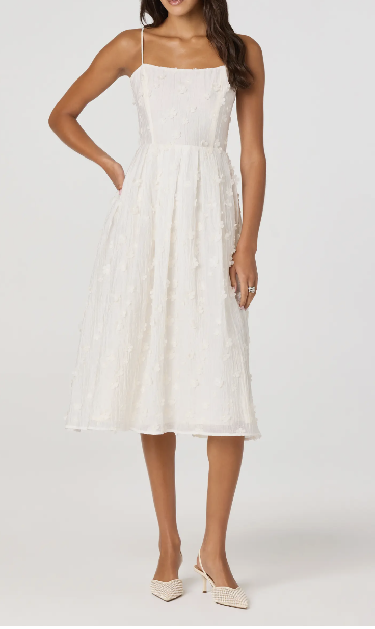 A petite-friendly Easter outfit styled with a high-waisted floral dress to elongate the frame for a polished spring look.