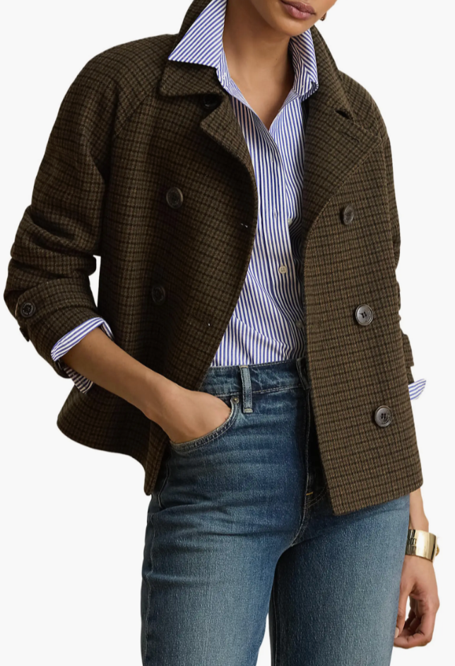 Lauren Ralph Lauren plaid double-breasted wool blend cropped coat styled with dark denim jeans