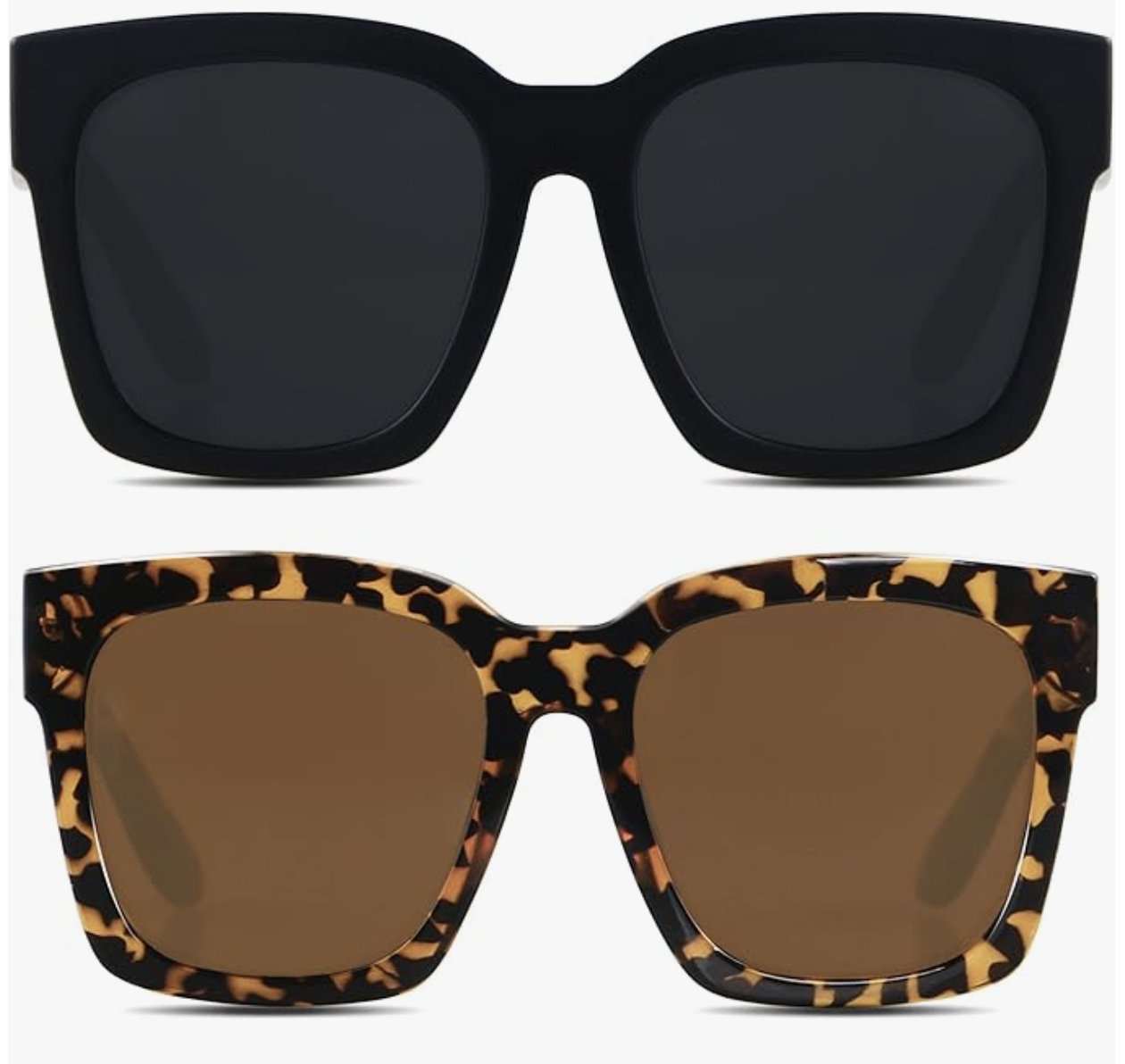 A side-by-side comparison of large square wide-frame sunglasses in solid black and dark tortoise shell, a major 2026 eyewear trend.
