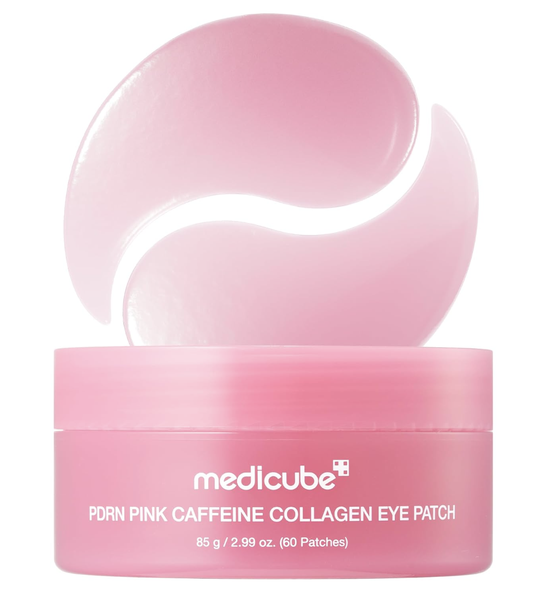 Pink jar of medicube PDRN Pink Caffeine Collagen Eye Patch with two pink hydrogel patches above it.