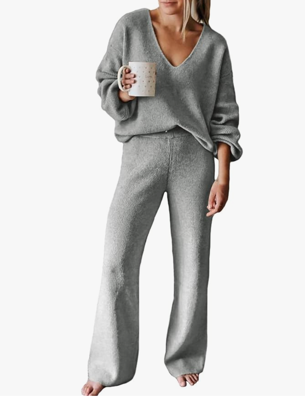 V Neck Knit Wide Leg Sweater Lounge Set