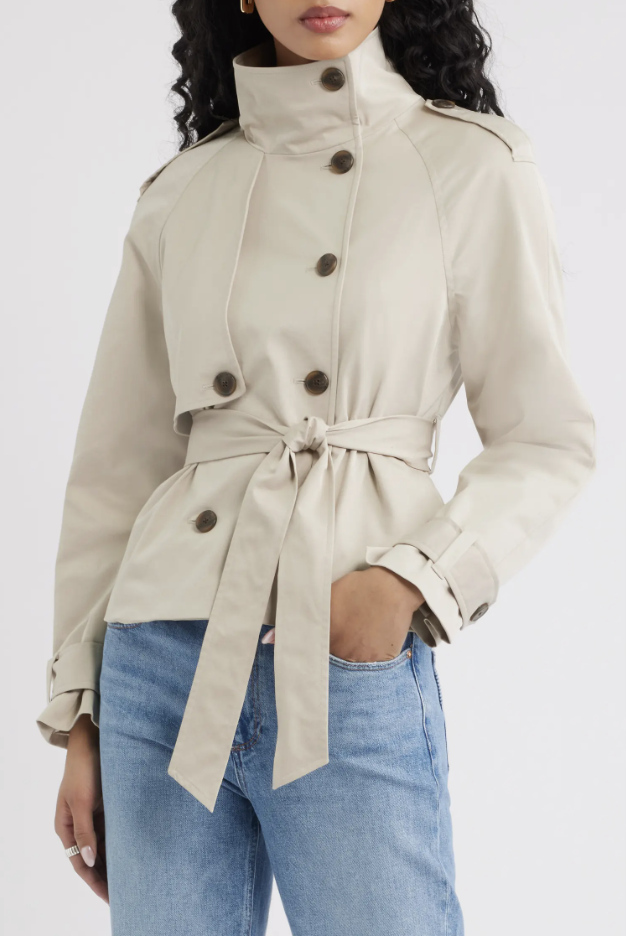 Open Edit double-breasted cropped trench coat in cognac for fall