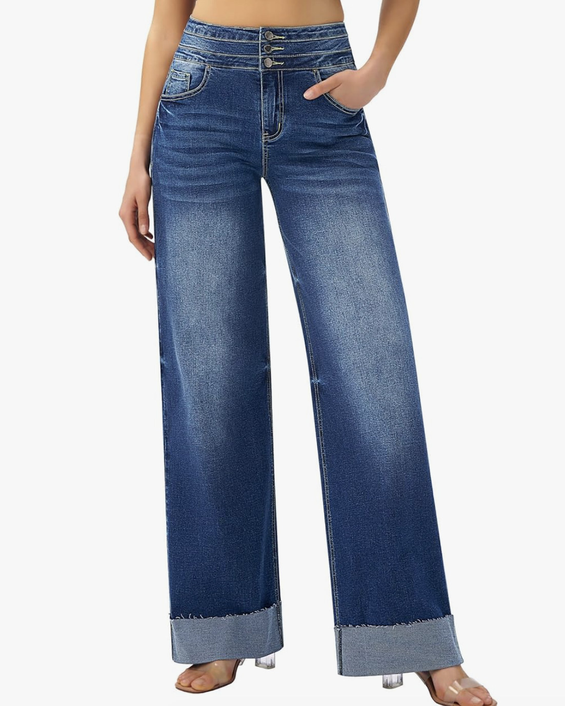 Model wearing roswear High Waisted Stretchy Wide Leg Jeans featuring a large folded cuff and a three-button high waistband, designed to contour muscular thighs and create curves for a rectangle body shape.