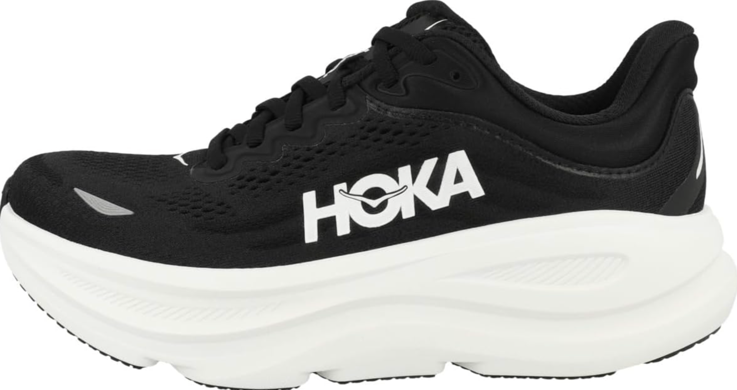 A side profile of the black and white Hoka Bondi 8 running shoe, highlighting the maximalist cushioning and meta-rocker sole designed for walking with plantar fasciitis.