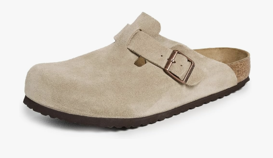 A side profile of the Birkenstock Boston Clog in Taupe Suede, featuring the Soft Footbed and adjustable strap for arch support during rest days.