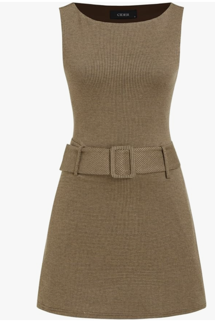 Brown micro-houndstooth knit sleeveless midi dress with dark brown trim.