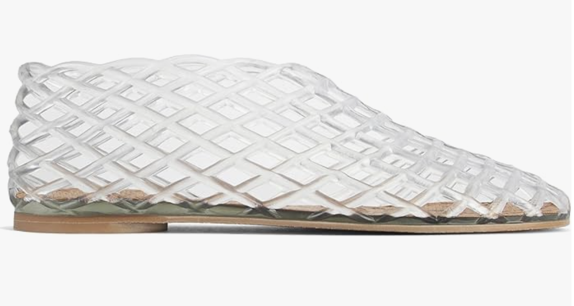 A single silver woven mesh ballet flat with a pointed toe and flat tan sole, shown against a transparent background.