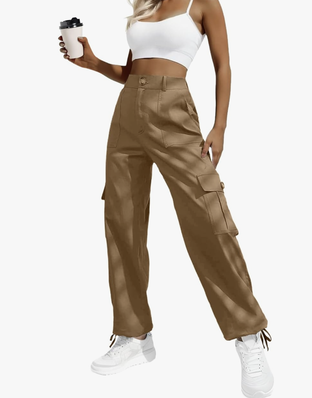 A pair of khaki high-waisted cargo pants from Amazon, styled to add volume to the lower body and balance the torso when wearing a bodysuit.