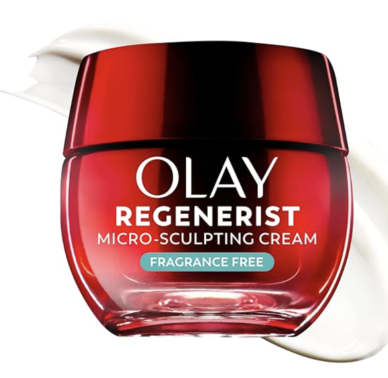 A close-up shot of a red jar of Olay Regenerist Micro-Sculpting Cream against a light background.