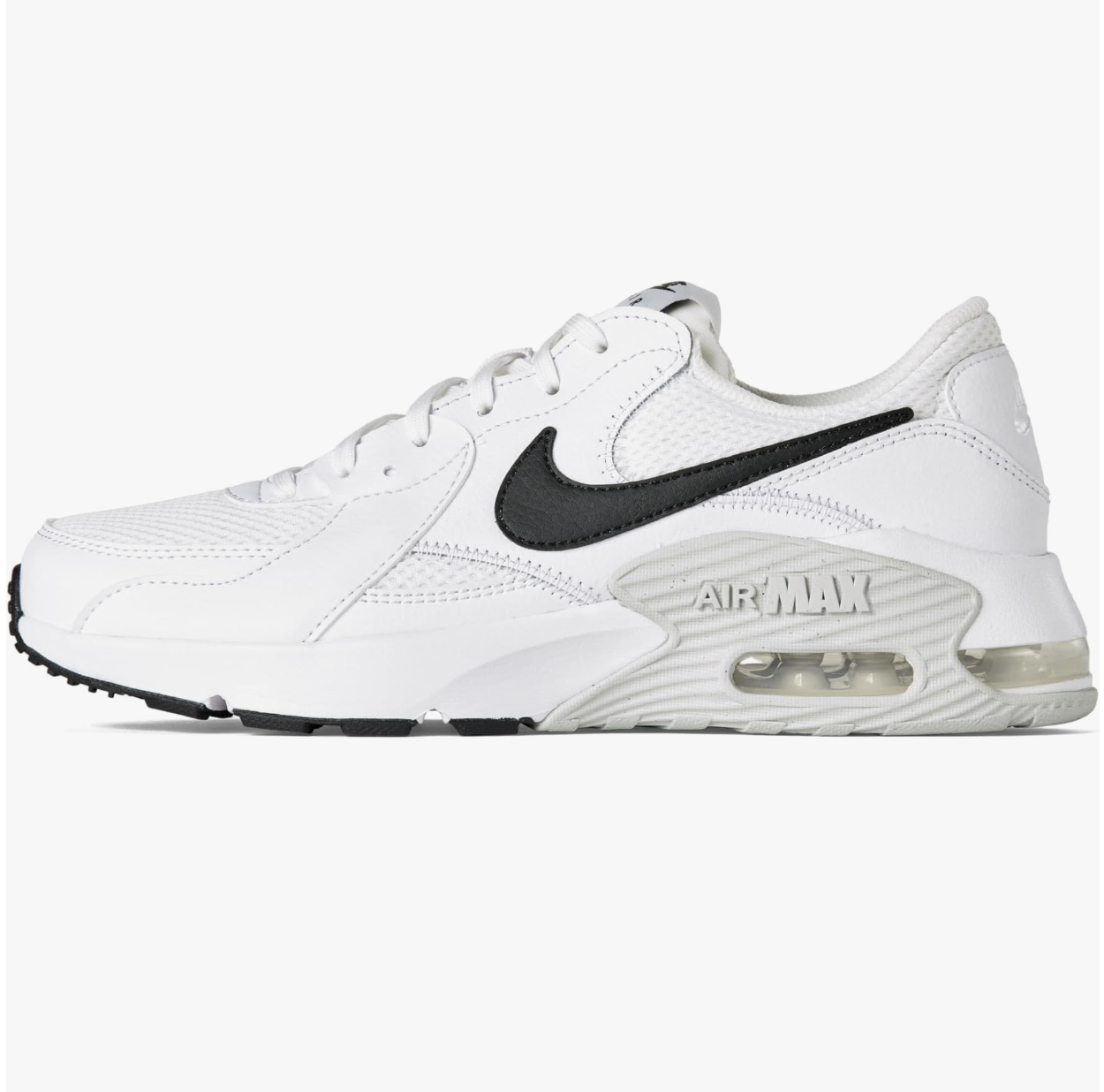Side view of a crisp white Nike Air Max SC sneaker featuring a bold black leather swoosh, mesh panelling, and the classic visible air cushion bubble in the sole.