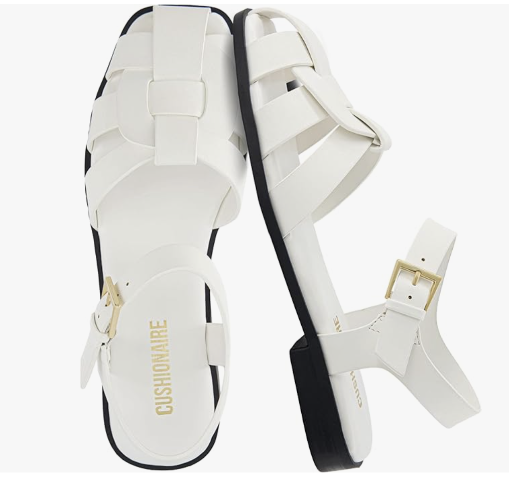 A top-down view of a white Cushionaire Lane footbed sandal with two wide adjustable straps and large gold buckles.