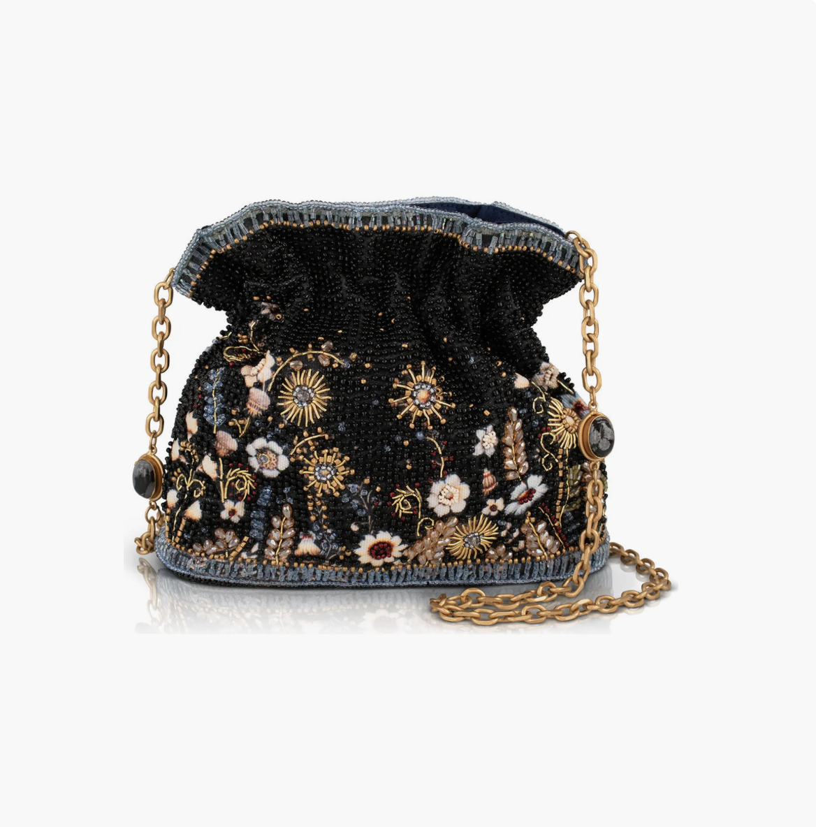 Beaded vintage-inspired handbag styled with wide-leg jeans, a white tee and a blazer.