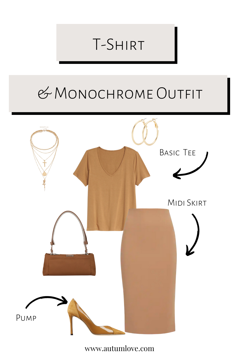 Stylist guide for monochrome styling featuring a camel-colored basic tee, a matching midi skirt, layered gold cross necklaces, and gold hoop earrings.