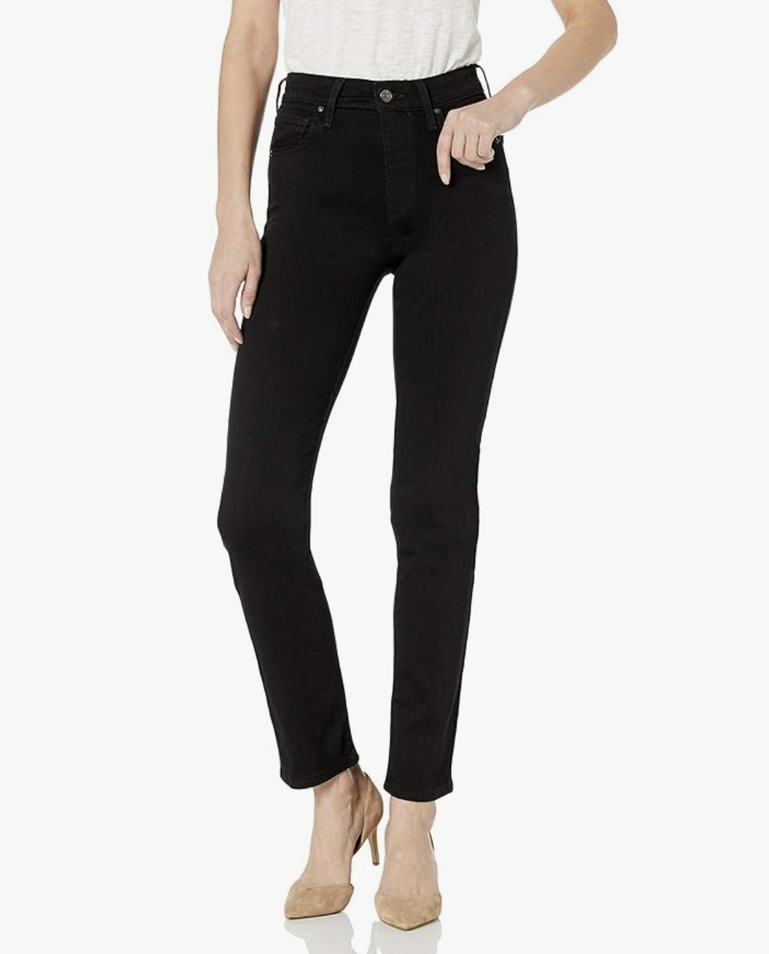 A pair of Levi’s 724 High Rise Straight Leg jeans in a dark wash, styled with tan pointed-toe heels to show a polished, versatile wardrobe basic for women.