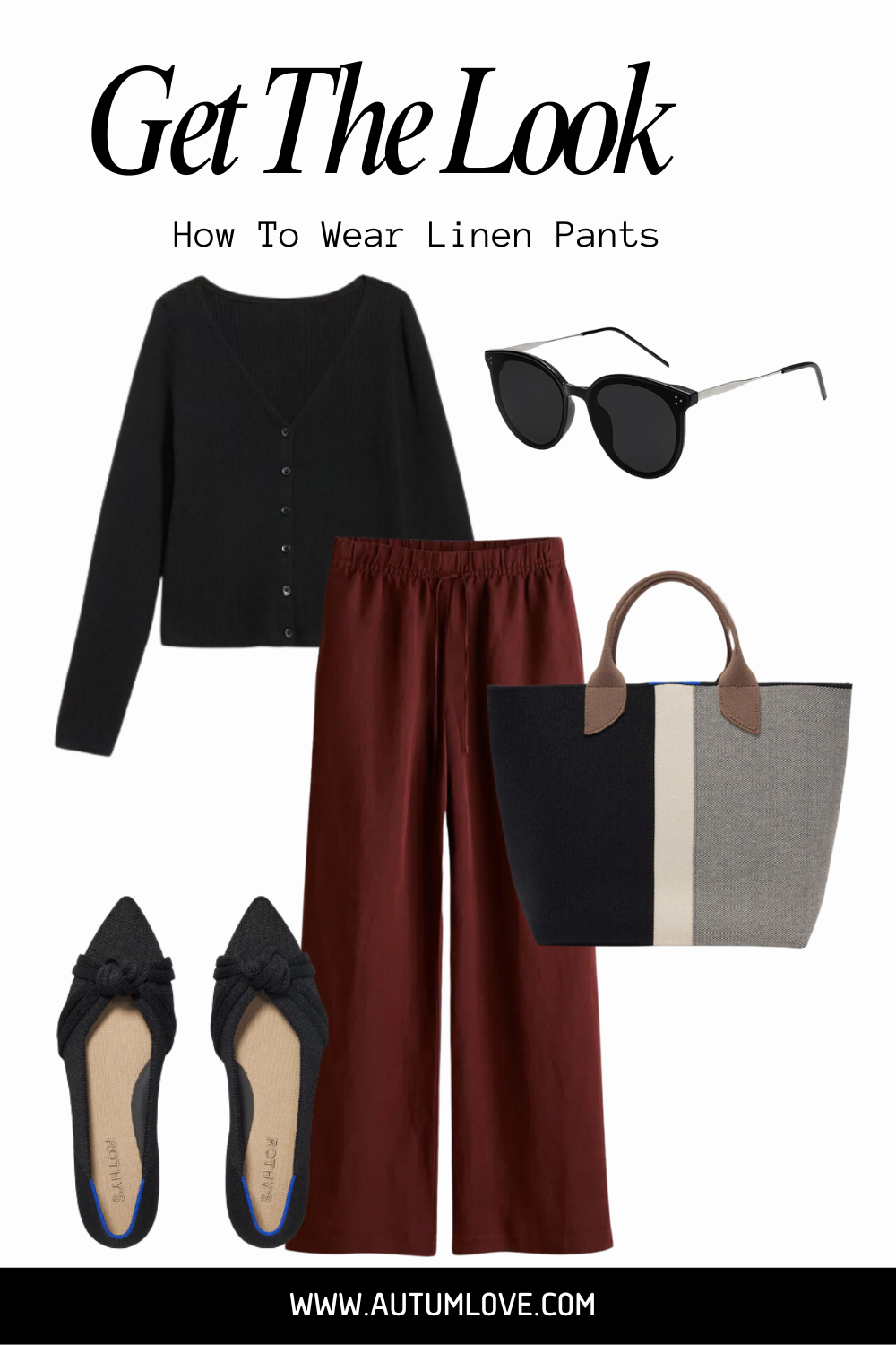 Chic burgundy linen pants outfit for summer evenings featuring dark red wide-leg trousers, a matching cardigan, black pointed-toe flats with bows, and a black tote bag.