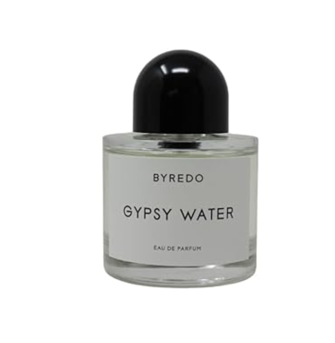 A 3.4-ounce bottle of Byredo Gypsy Water Eau de Parfum featuring a minimalist clear glass design, a rounded black cap, and a simple white label with black serif typography.