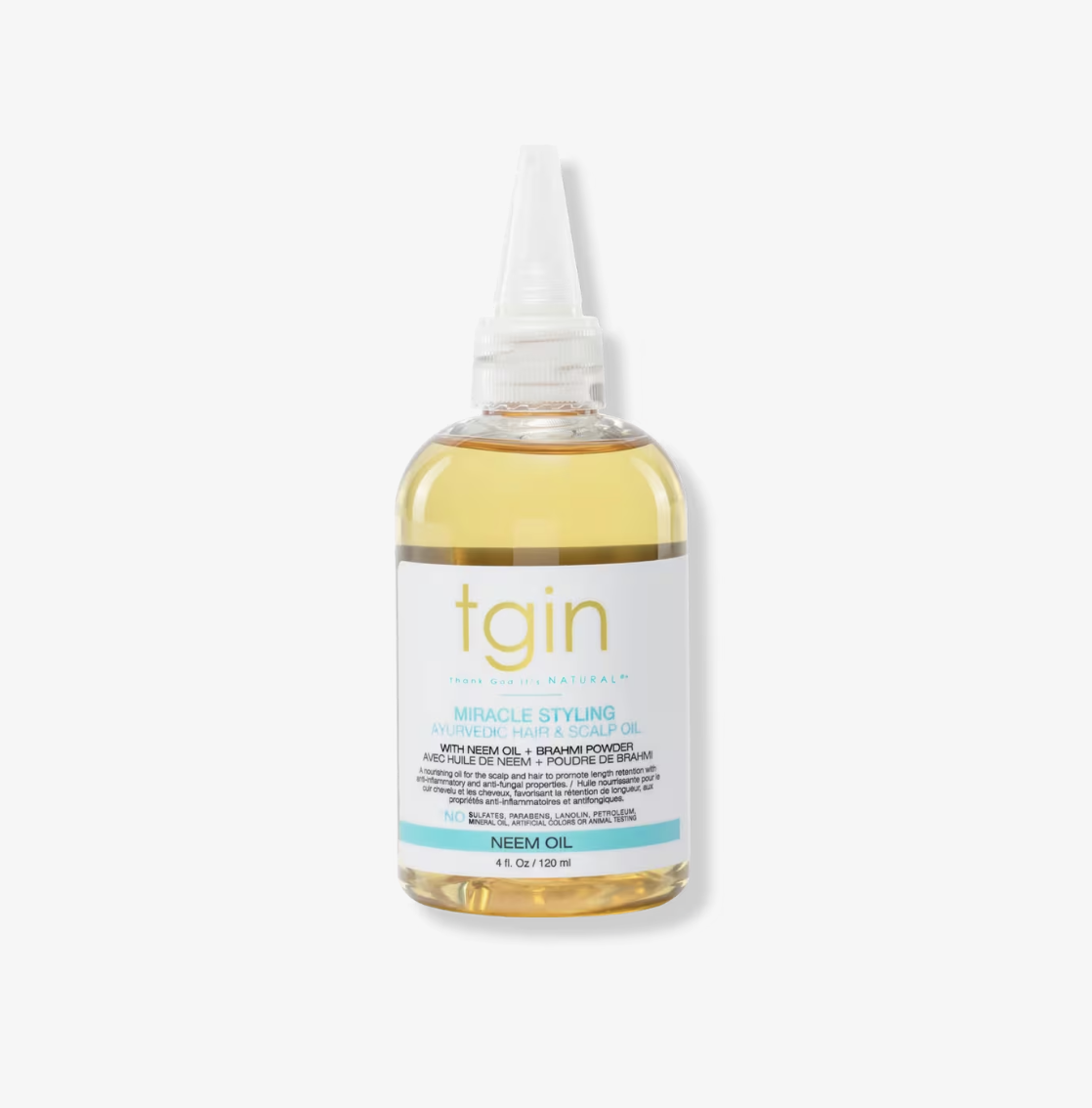 tgin Miracle Styling Ayurvedic Hair and Scalp Oil with neem and tea tree for scalp detox and irritation relief.