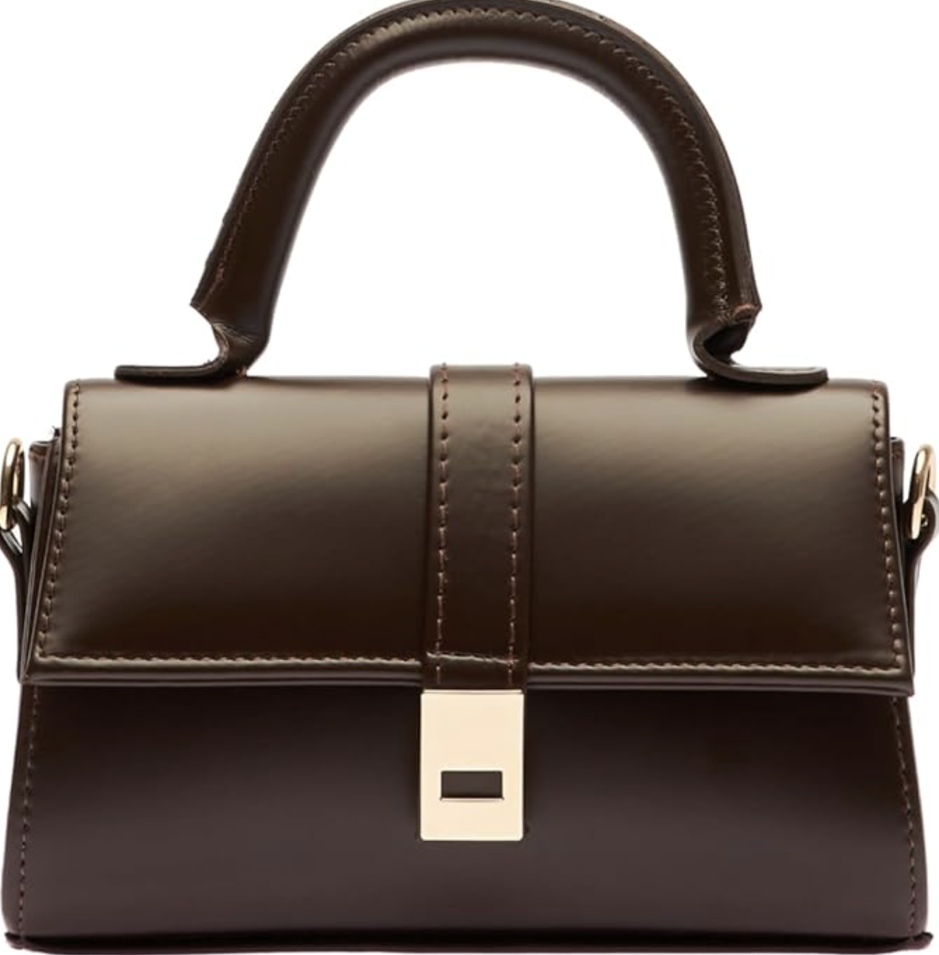 Product shot of a dark brown structured mini crossbody bag with a gold clasp, featured as a polished accessory to add structure to baggy jeans outfits.