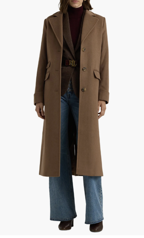 A product shot of the Lauren Ralph Lauren Longline Wool Blend Reefer Coat in a rich brown color, layered over blue jeans. This illustrates a sophisticated outerwear option for the "Under a Wool Coat" styling formula.
