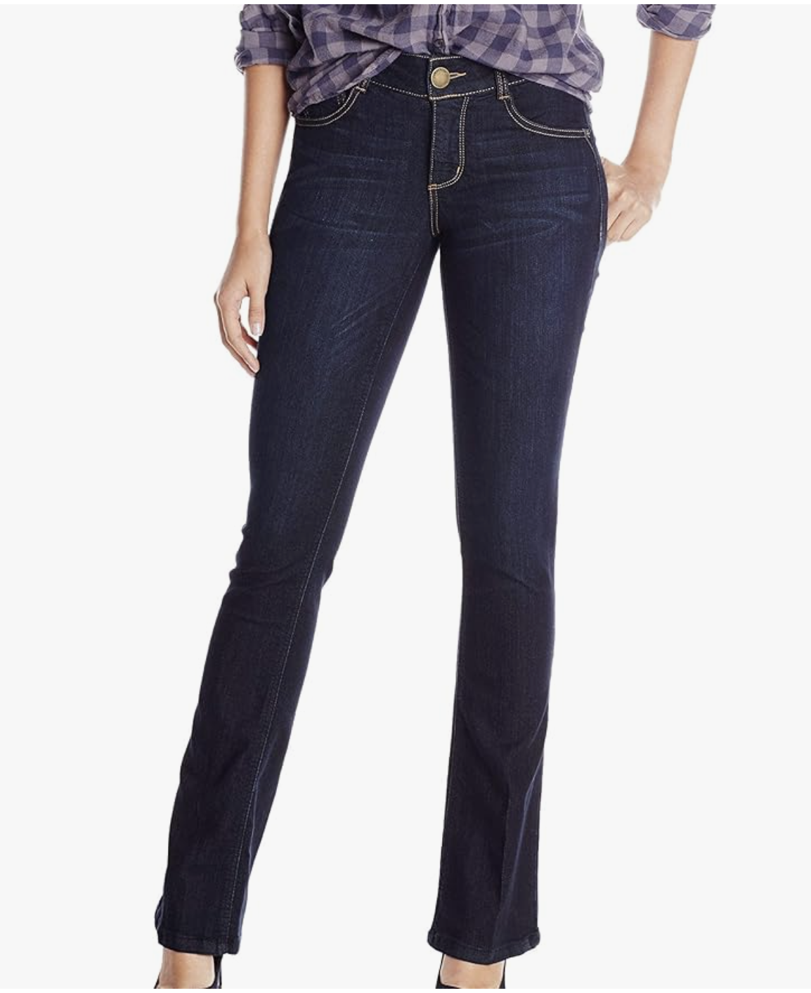 Detailed view of Democracy Ab Solution jeans featuring the hidden tummy-control mesh panel and gap-free waistband.