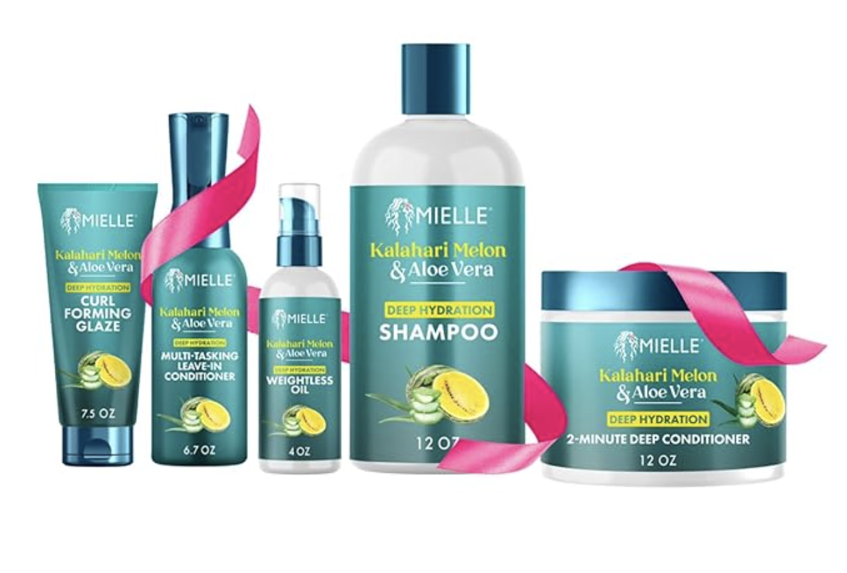 Mielle Organics Kalahari Melon and Aloe Vera Deep Hydration Collection including shampoo, conditioner, and leave-in treatment.