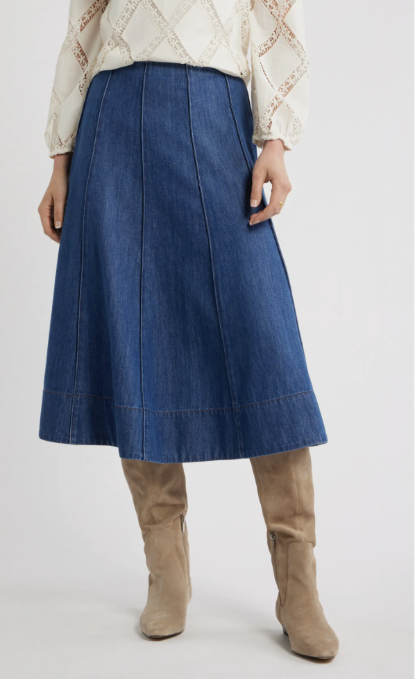 Caslon seamed A-line denim midi skirt styled for fall.