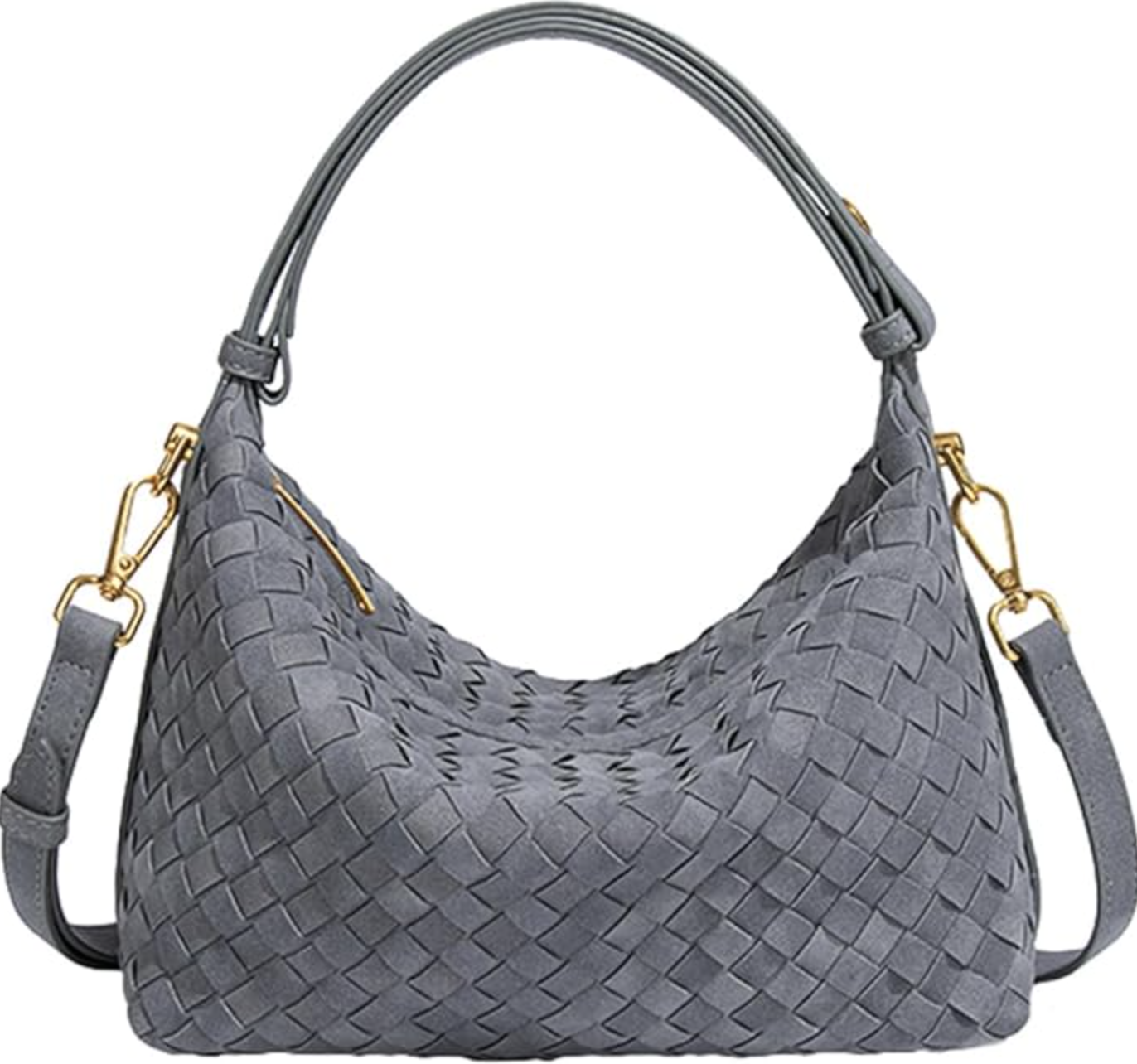 A grey suede and woven leather tote bag featuring a textured checkered pattern, a thick shoulder strap with a bow detail, and gold hardware.