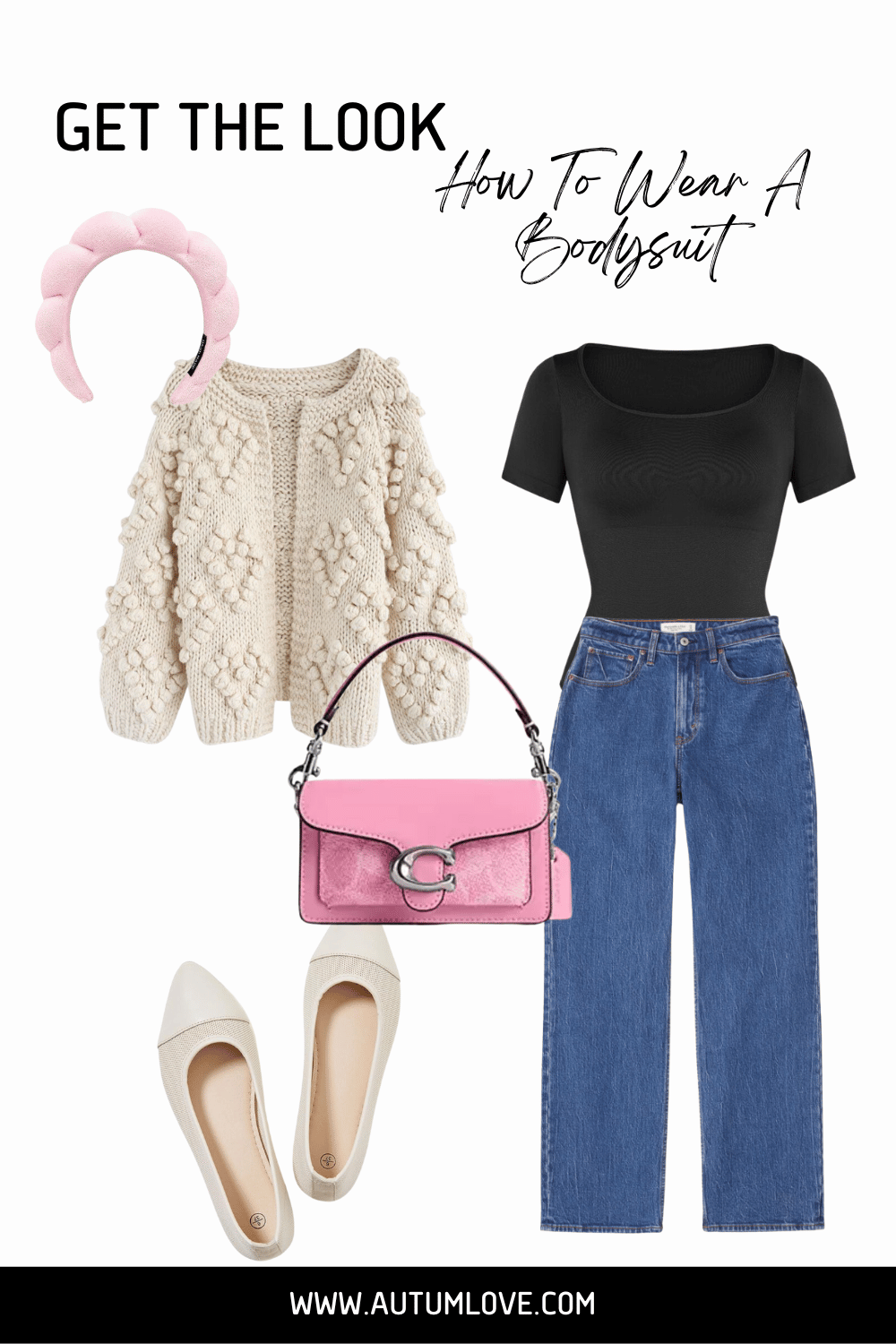 A flat lay outfit featuring a black short-sleeve bodysuit paired with a cream textured cardigan, high-waisted blue jeans, and pink accessories to create a balanced silhouette for a big belly.