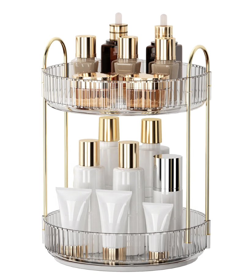 360-degree rotating makeup organizer holding skincare and makeup