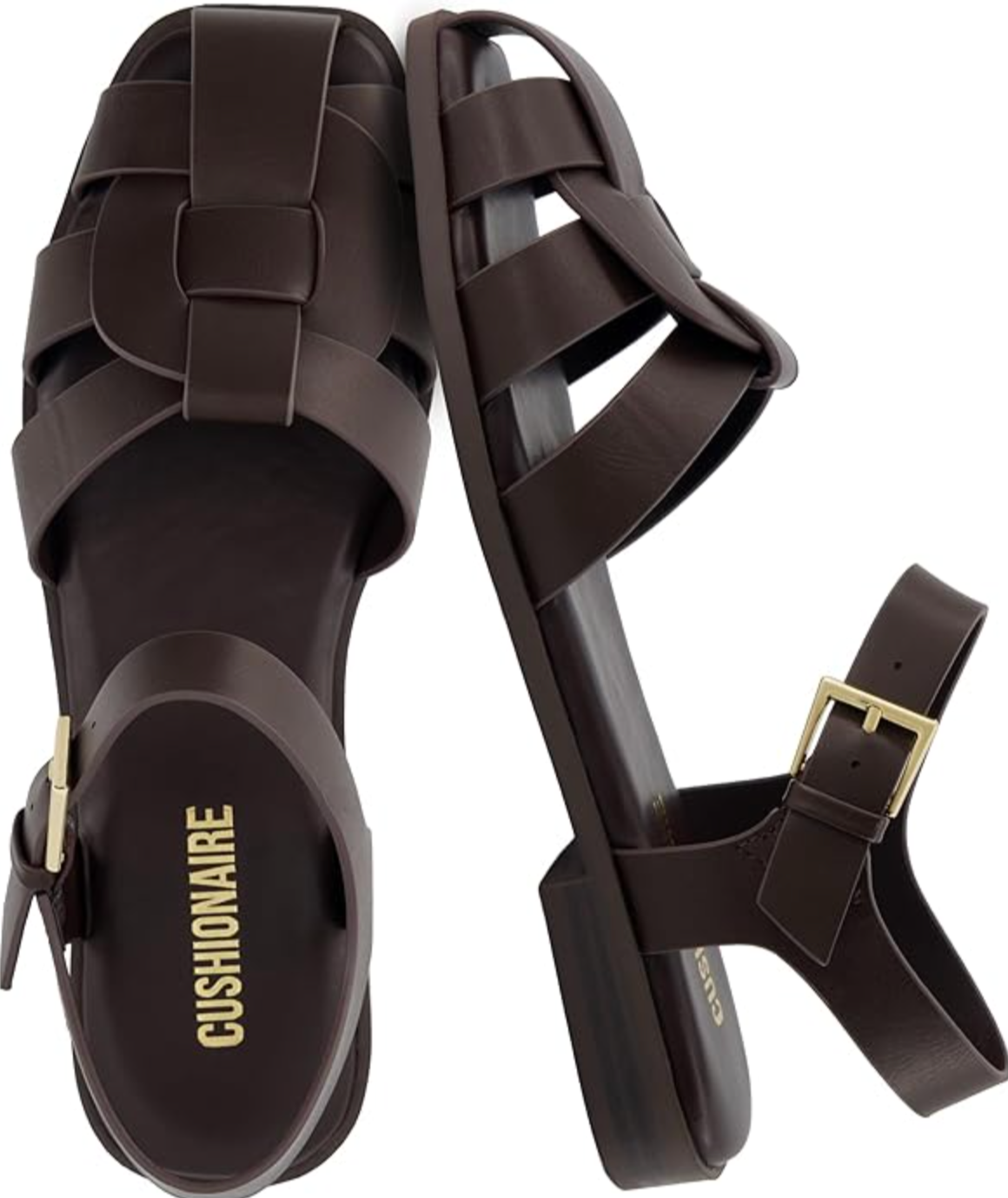 A pair of dark brown leather Cushionaire fisherman sandals featuring a closed-toe caged design, adjustable ankle strap, and a flat comfort sole on a transparent background.