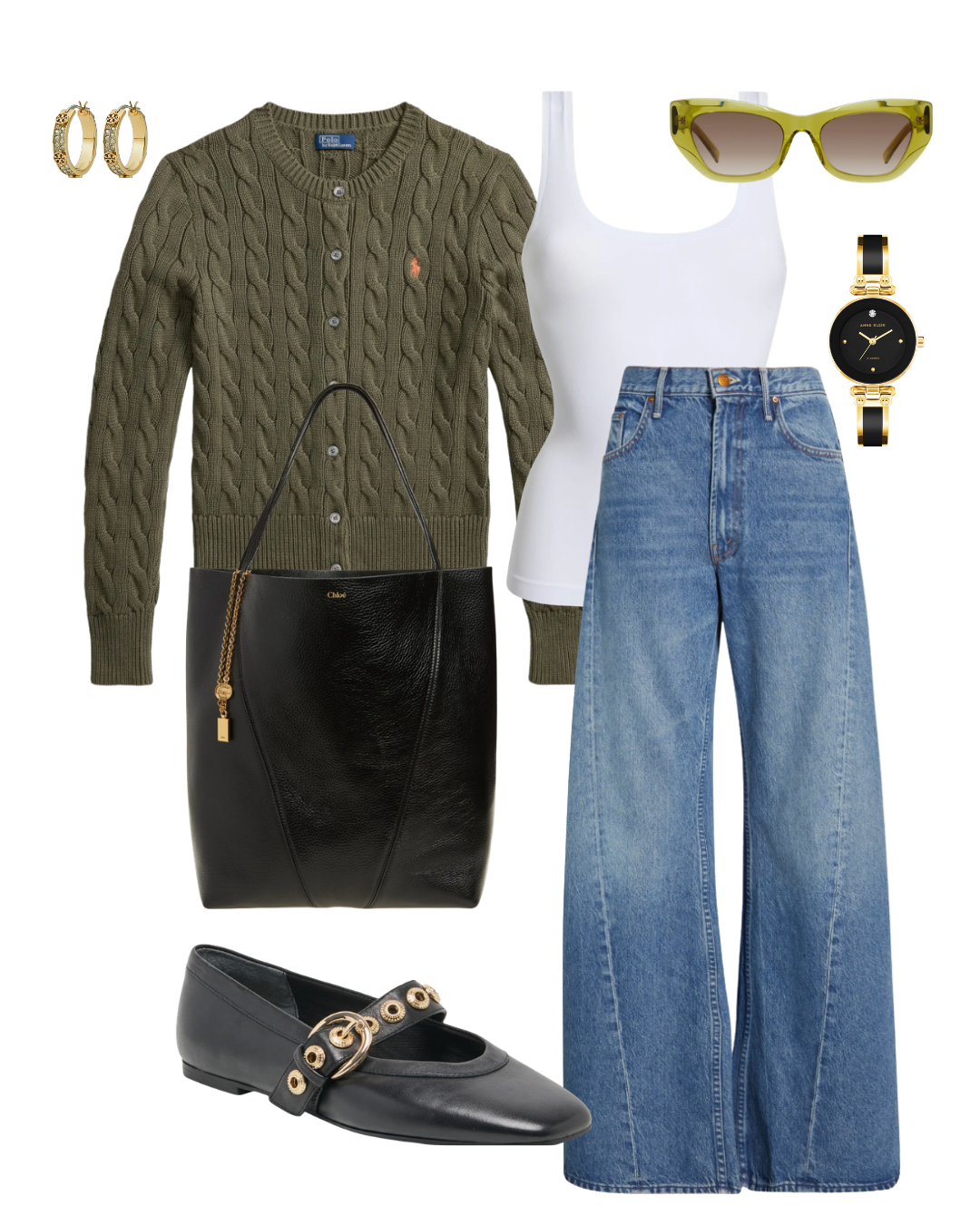 An olive green cable-knit cardigan styled flat lay with a white fitted tank top, relaxed blue jeans, and a black leather tote bag.