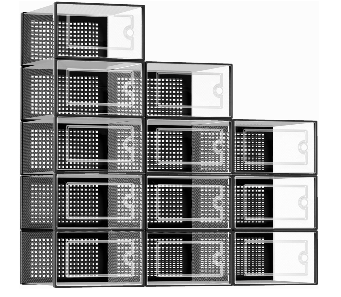 Stackable clear drop-front boxes organizing shoes