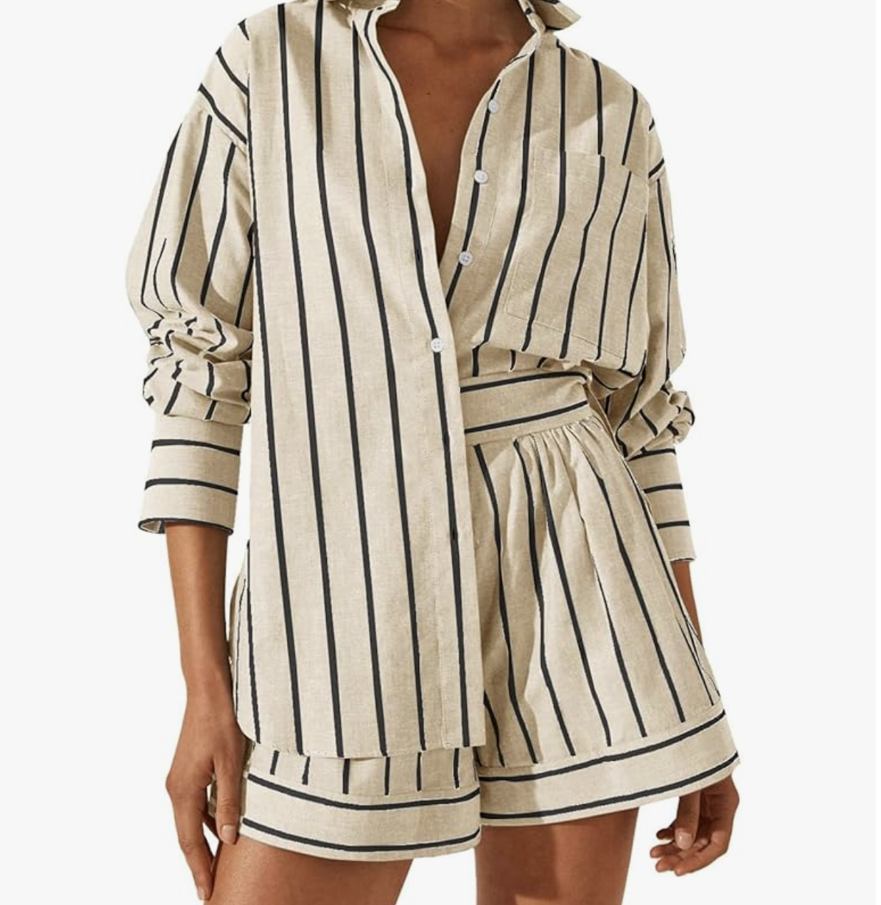 A matching summer two-piece set featuring a relaxed beige and black vertical-striped long-sleeve button-down shirt and matching shorts.