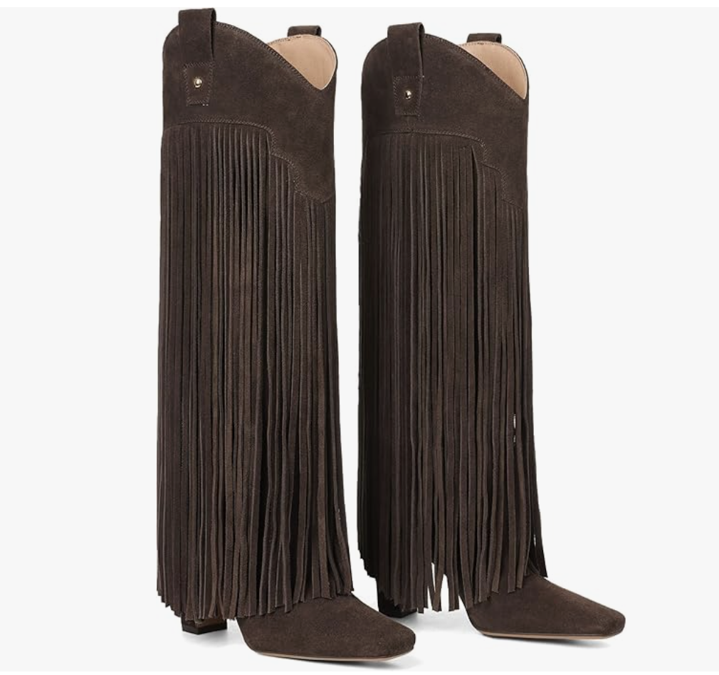A pair of dark brown suede knee-high boots featuring long, dense fringe cascading from the top of the shaft to the ankle.